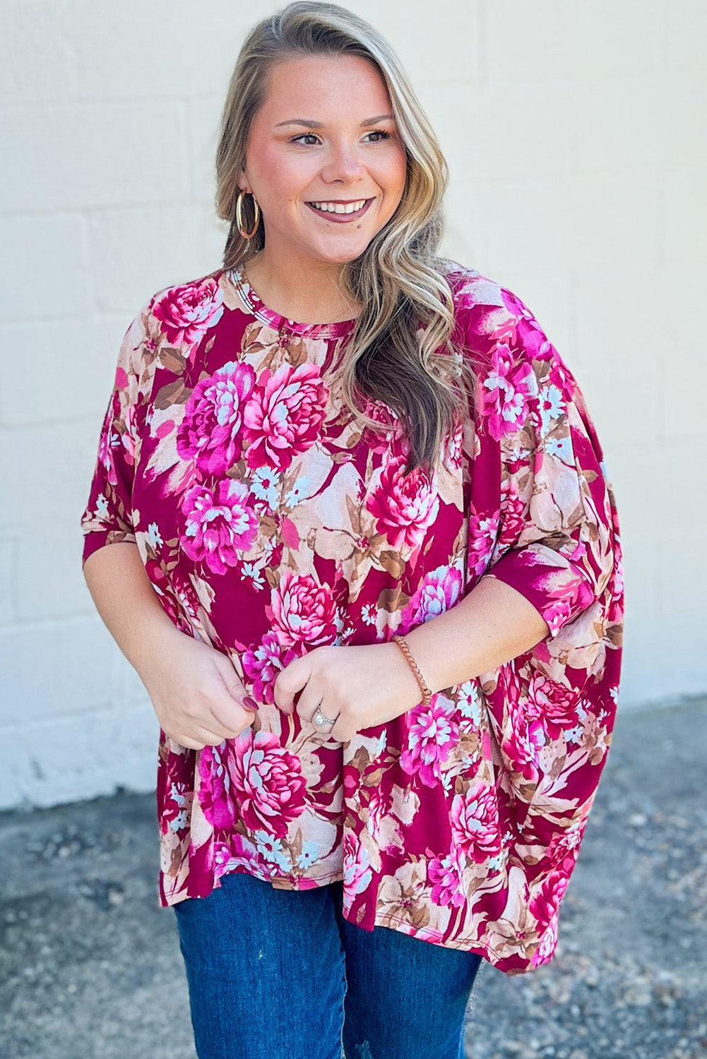 Red Plus Size Floral Print Half Sleeve Blouse