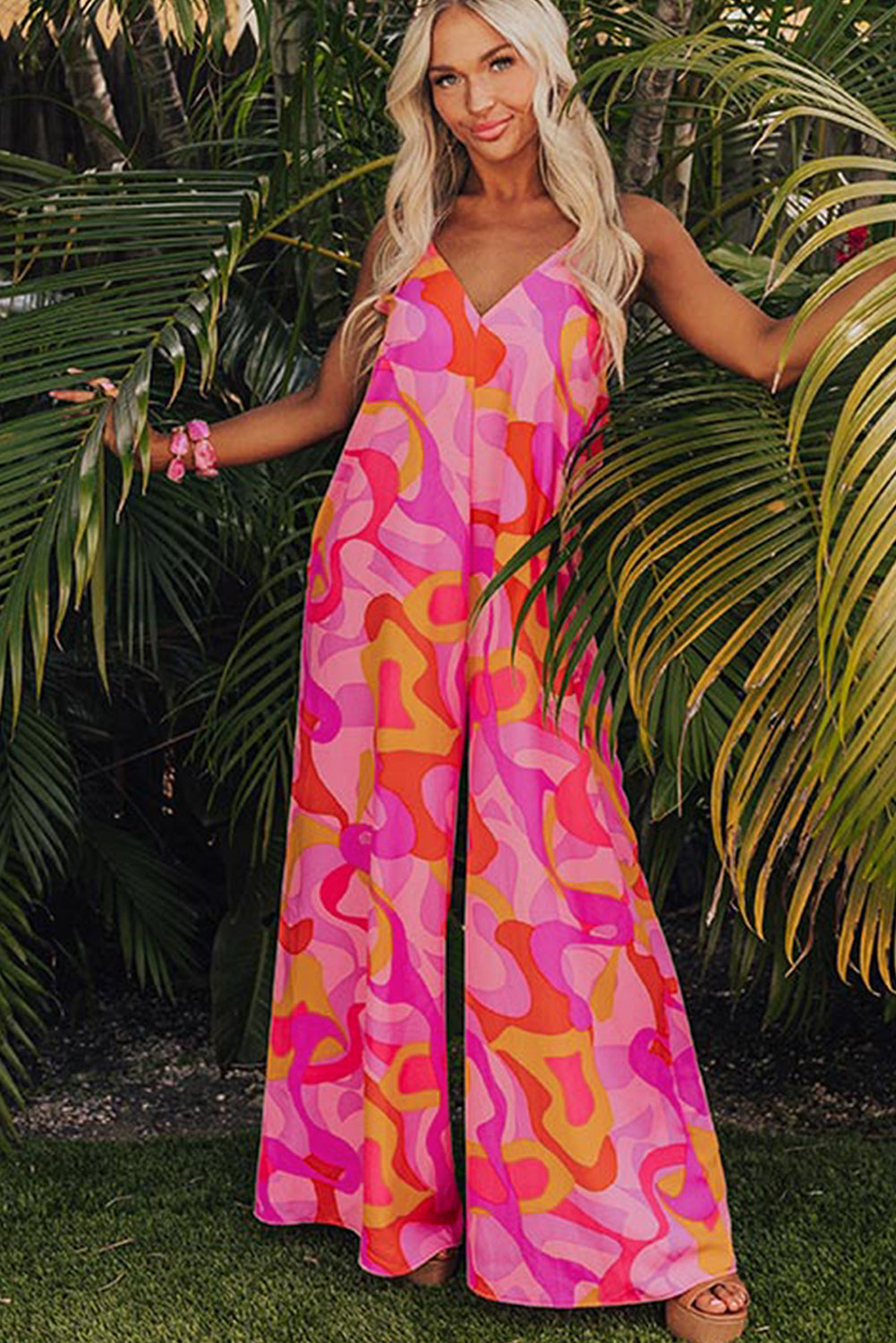 Wholesale Pink Abstract Print V Neck Slouchy Wide Leg Jumpsuit