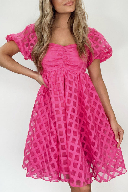 Strawberry Pink Mini Dress | Checkered Babydoll Dress with Short Sleeves