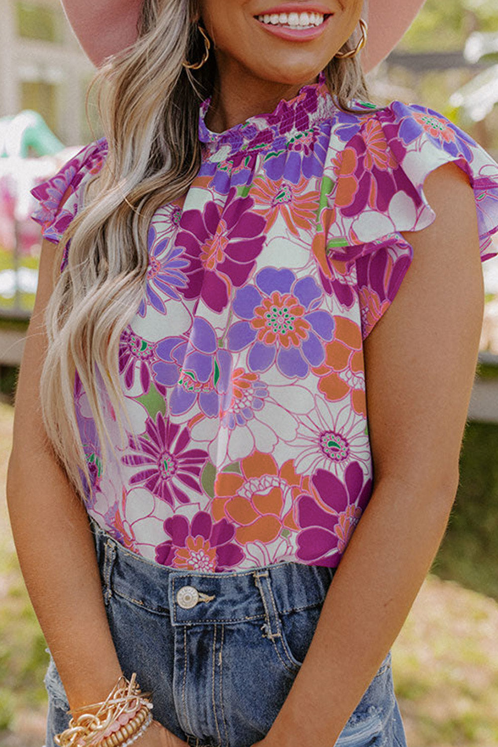 Retro Floral Women's Blouse with Flutter Sleeves