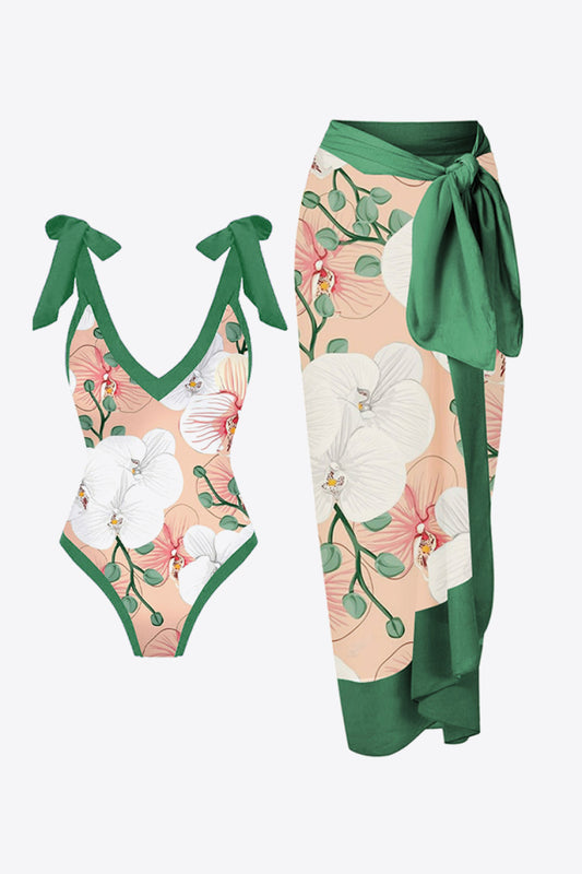 Floral Green V-Neck Two-Piece Swim Set