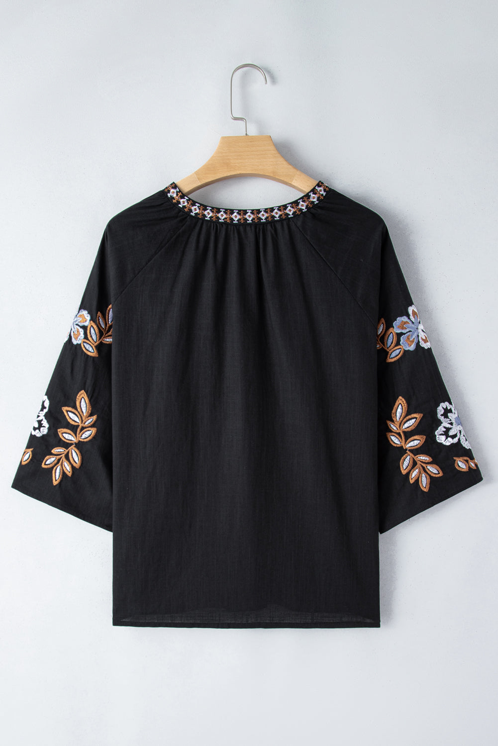 Black Floral Embroidered Sleeve Bohemian V Neck Blouse