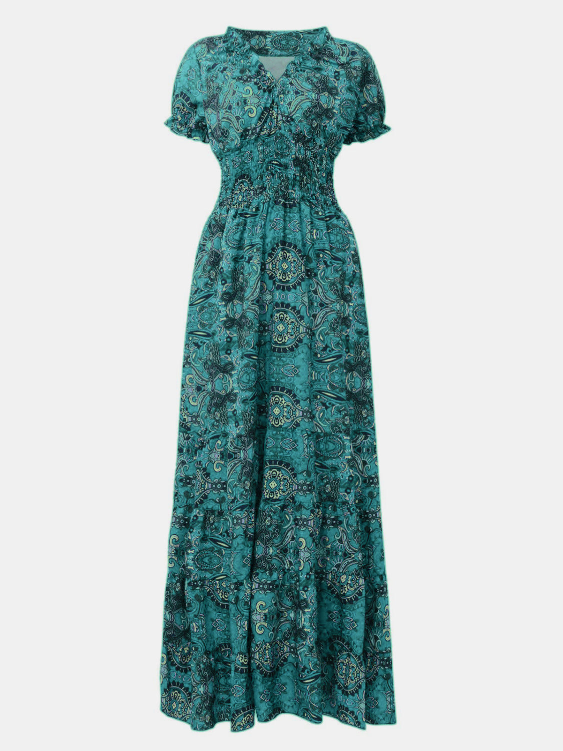 Smocked Waist Boho Maxi Dress | Ruffled Neckline Dress | Bohemian Maxi Dress