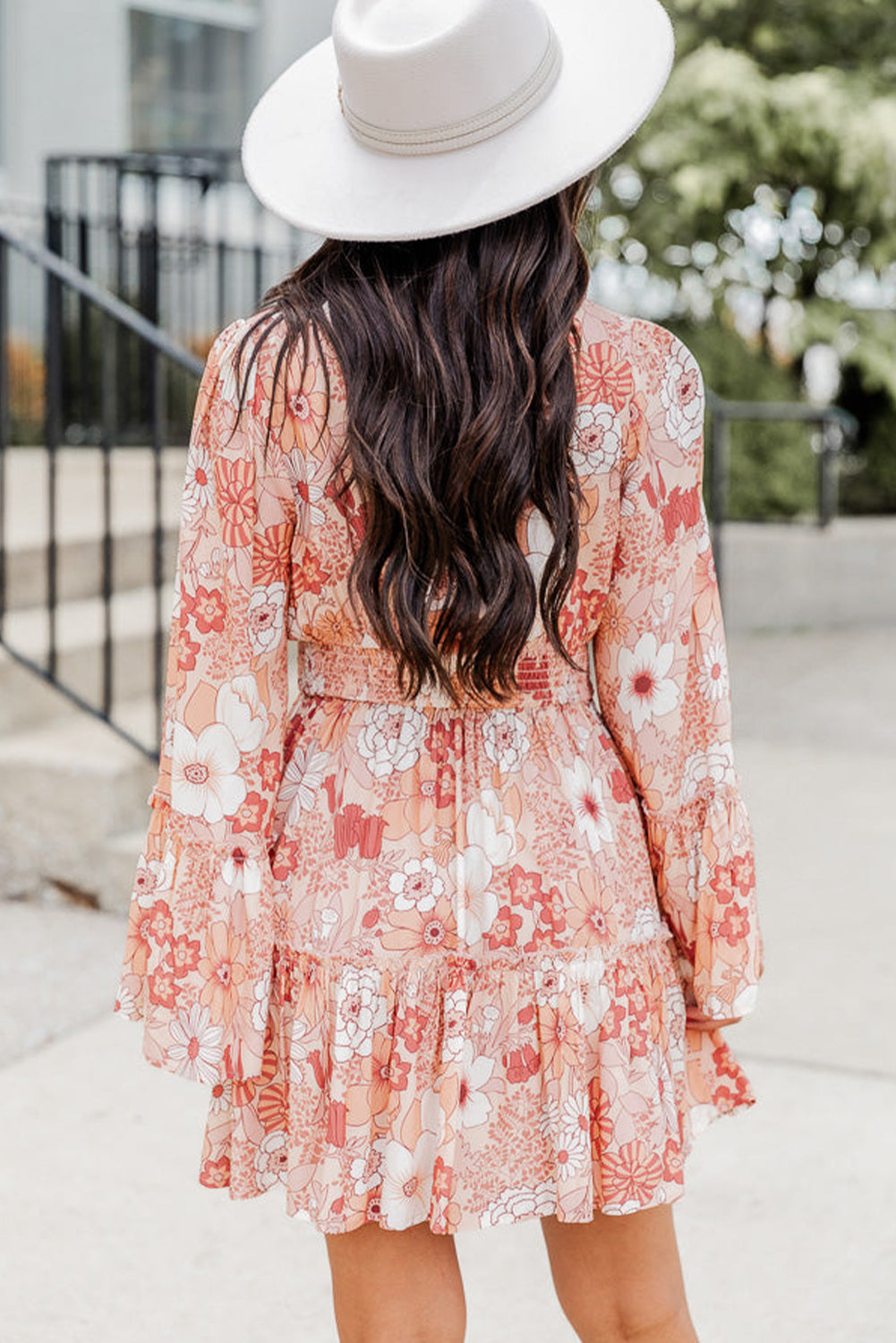 Peach Floral Smocked Mini Dress with Sleeves