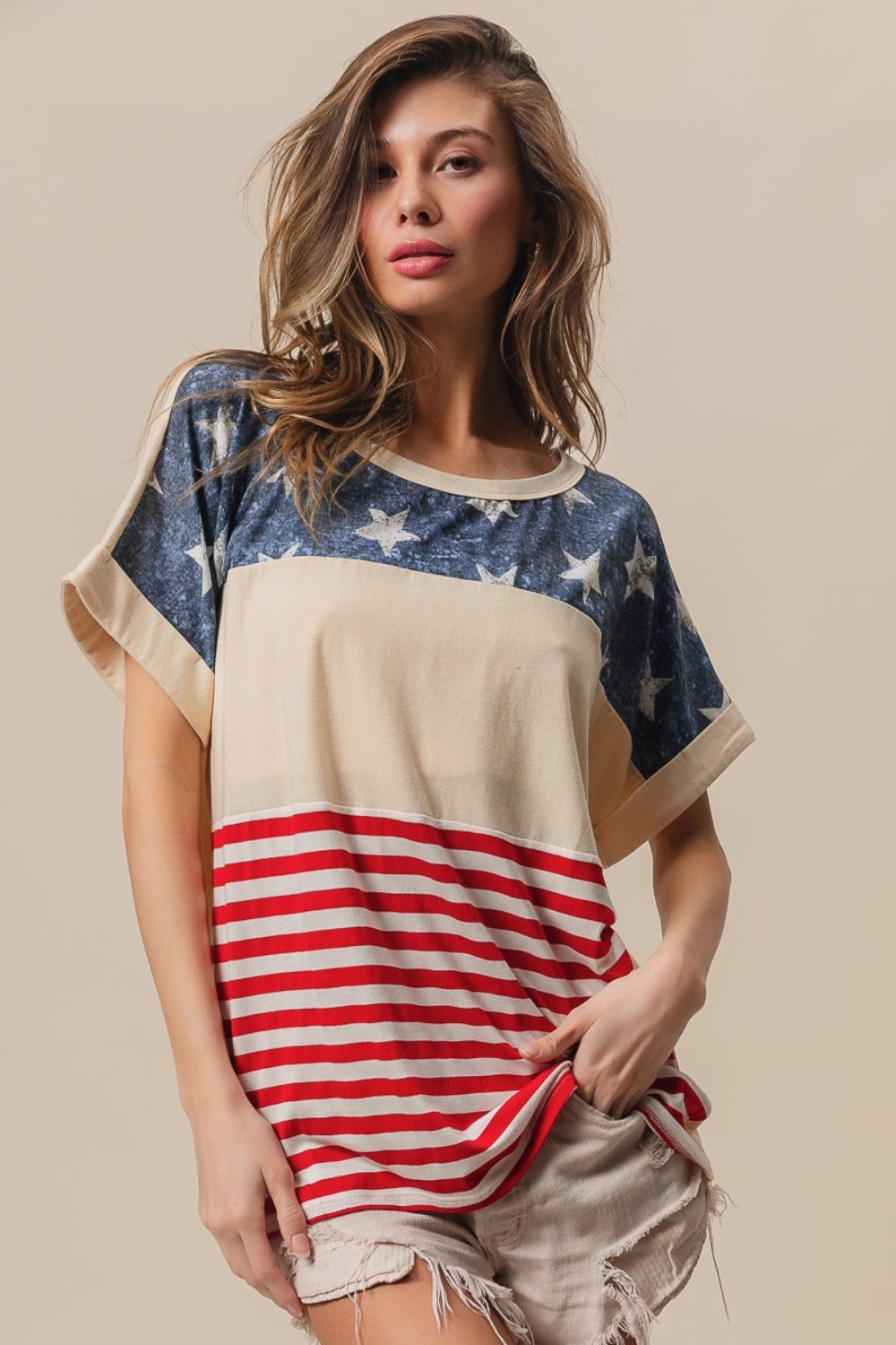 BiBi American Flag Theme Short Sleeve T-Shirt | Graphic T-Shirt Women