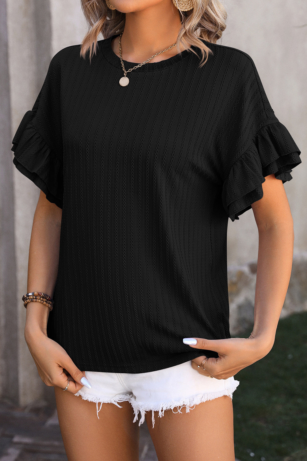 Black Solid Color Textured Layered Ruffle Sleeve T Shirt-ECB