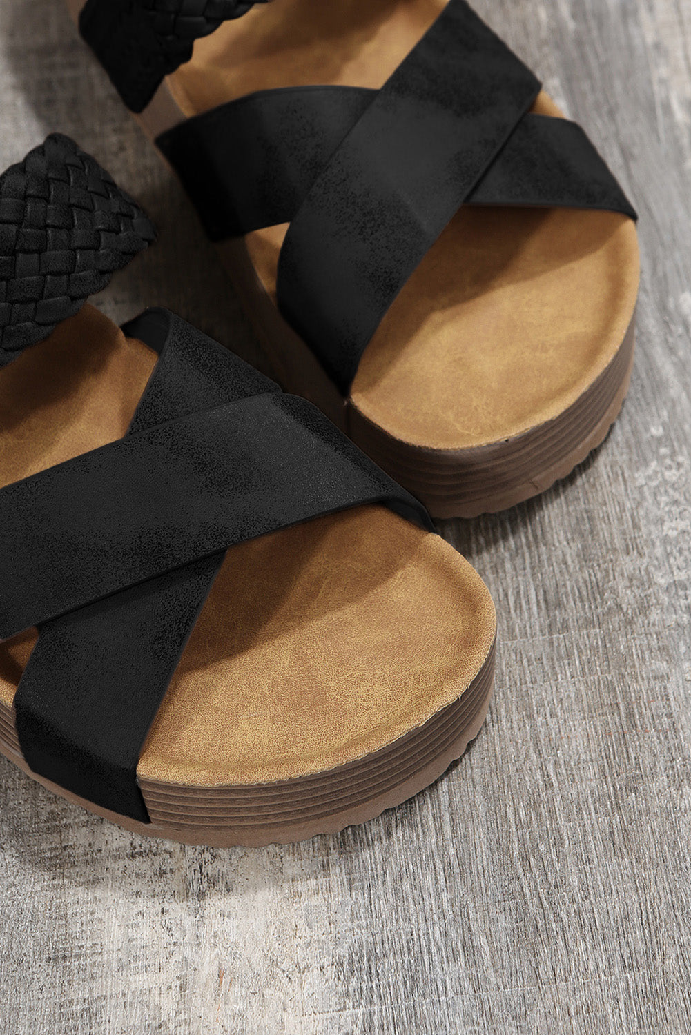 Brown Braided Detail Criss Cross Platform Slides Shoes-ECB