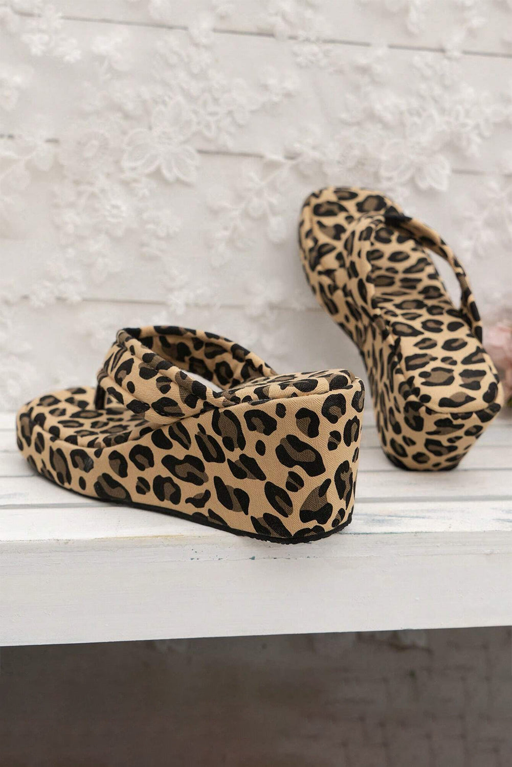 Light French Beige Leopard Platform Wedge Slides Shoes