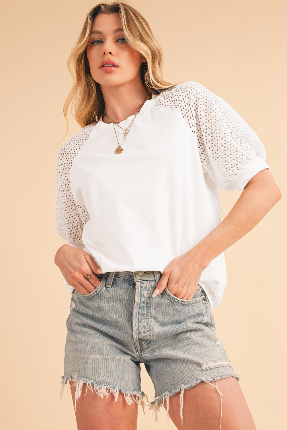 White Pointelle Lace Sleeve Loose Round Neck Tee