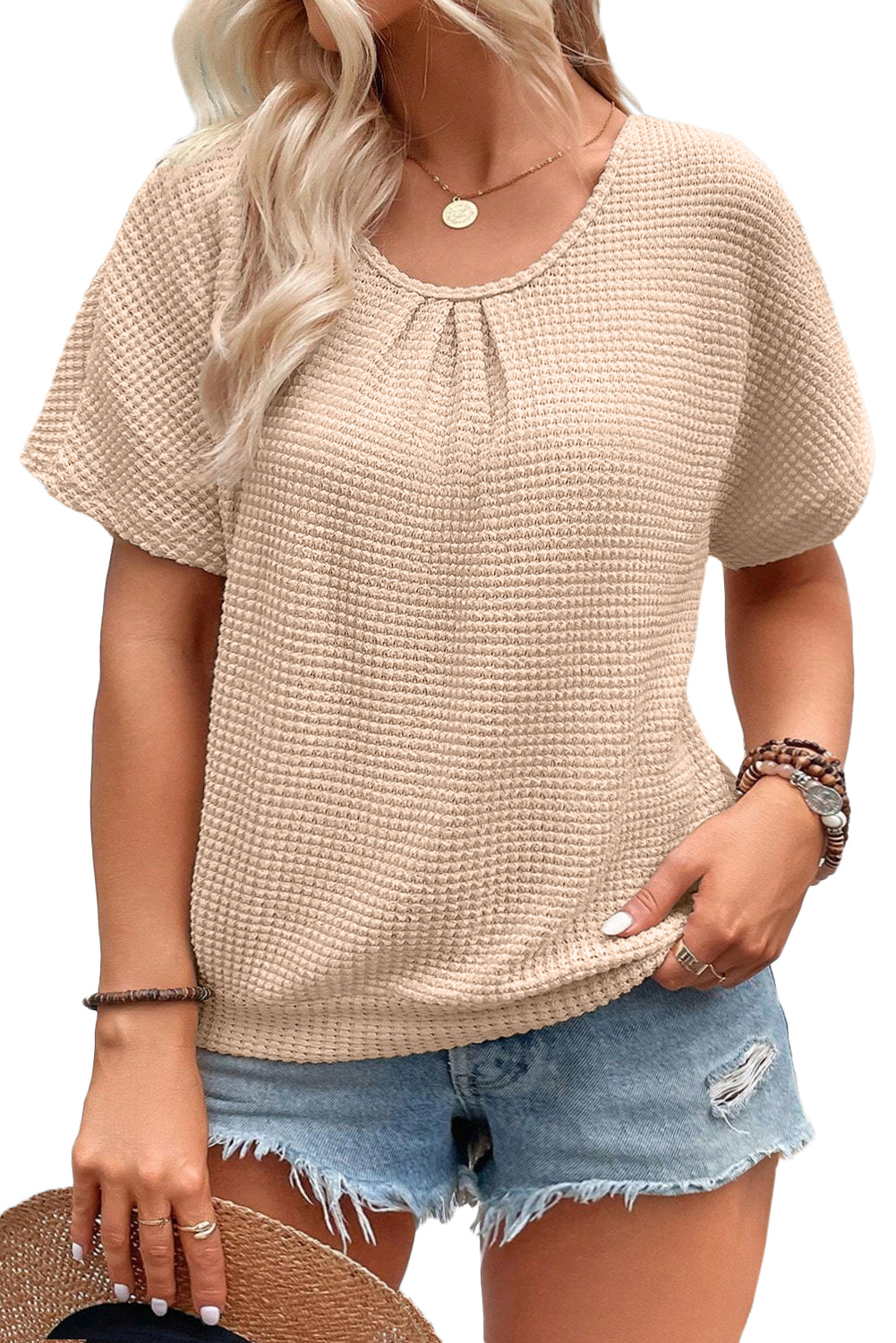 Beige Hollowed Lace Applique Plus Size Waffle T Shirt-ECB
