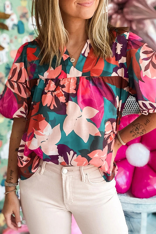 Rose Red Floral Print V-Neck Blouse with Sleeves