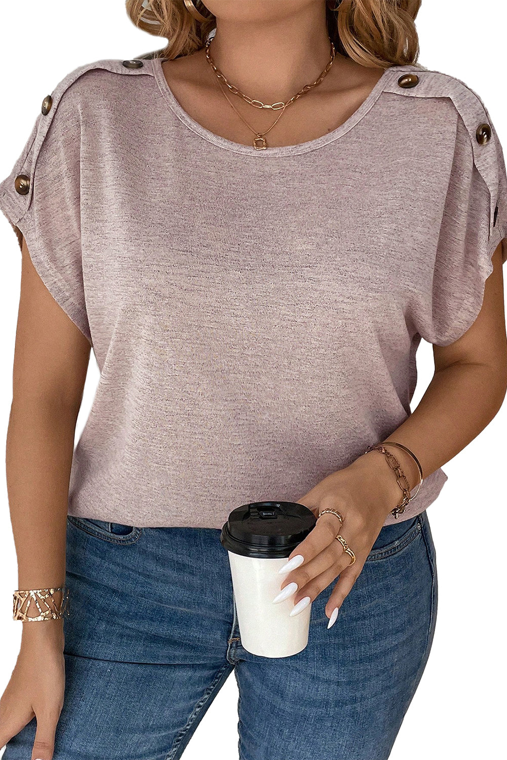 Delicacy Plus Size Button Detail Batwing Sleeve Tee-ECB