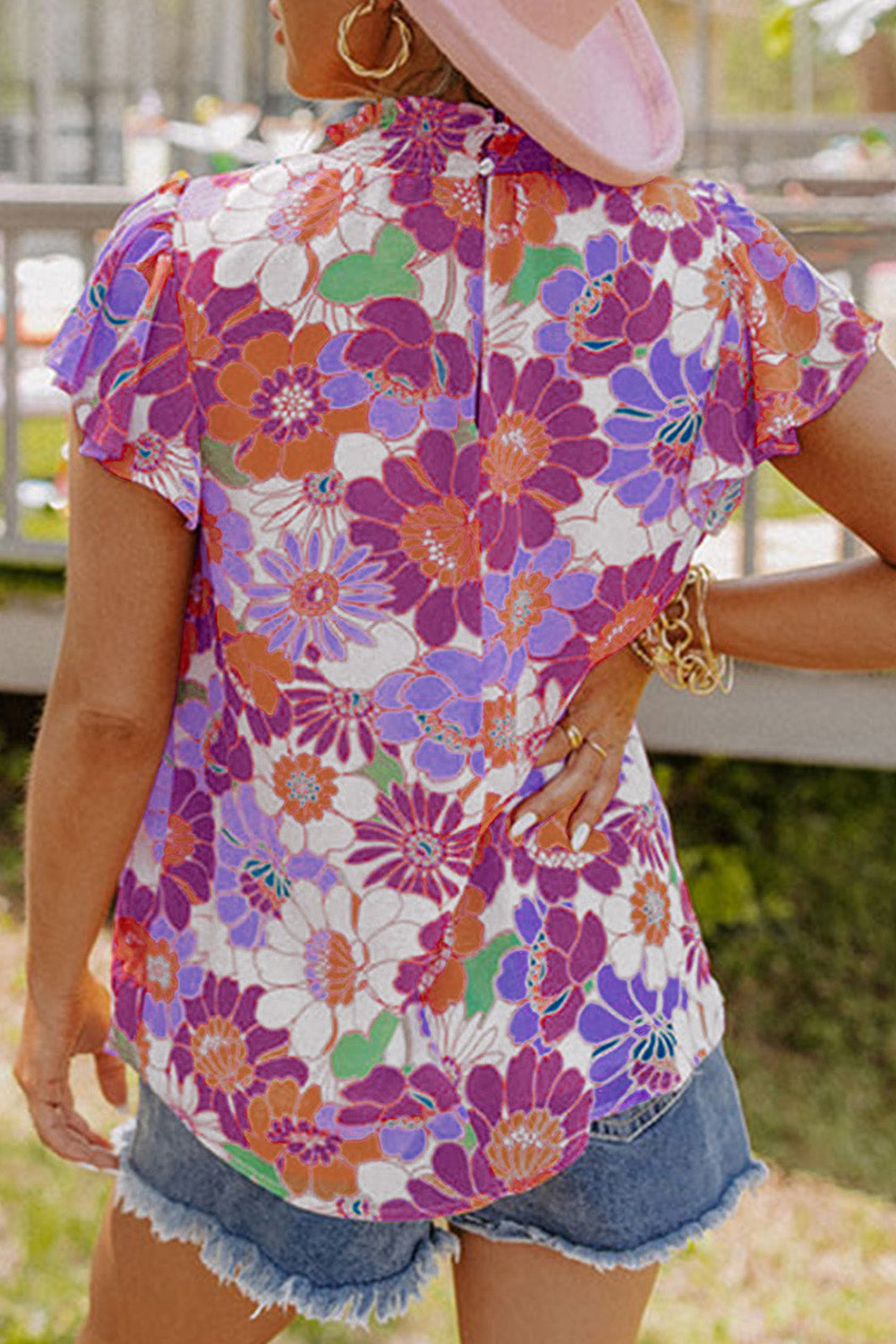 Retro Floral Women's Blouse with Flutter Sleeves
