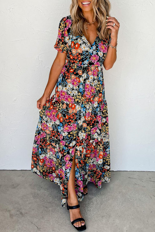 Black Floral Boho Maxi Dress with Short Sleeves