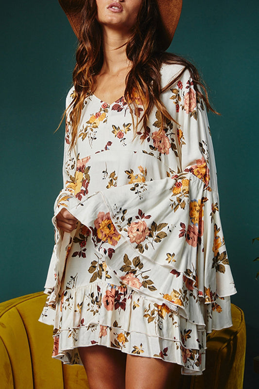 White Boho Floral Mini Dress with Sleeves