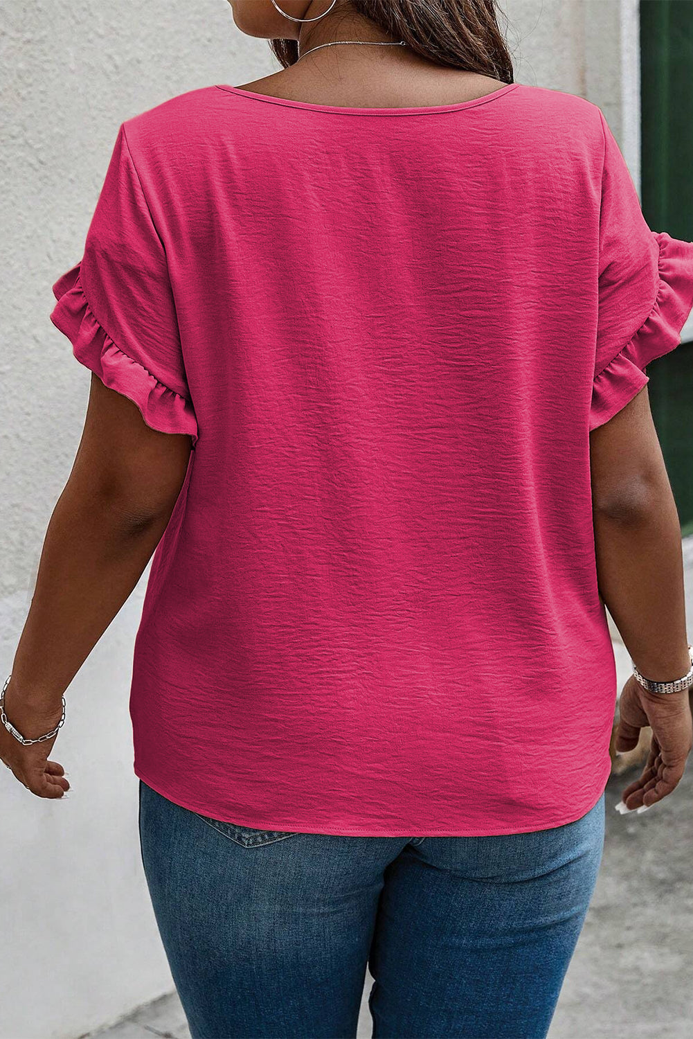 Bright Pink Ruffled Short Sleeve Plus Size Top-ECB