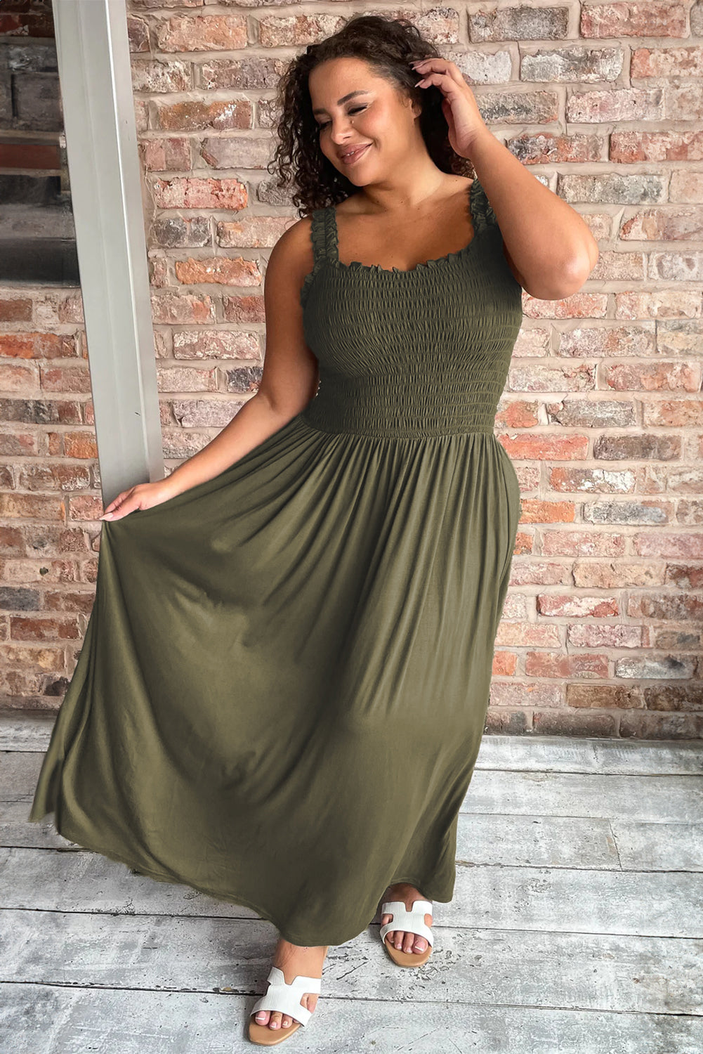 Jungle Green Smocked Frill Trim Straps Plus Size Maxi Dress