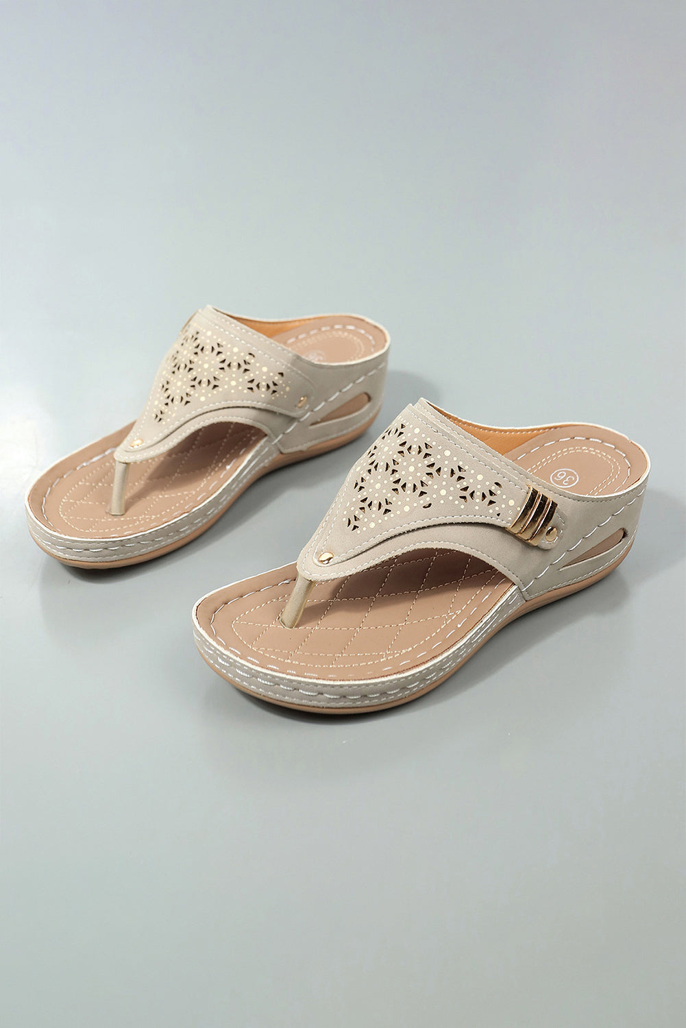 Beige Hollow Out Toe Post Thong Wedge Slides Shoes-ECB