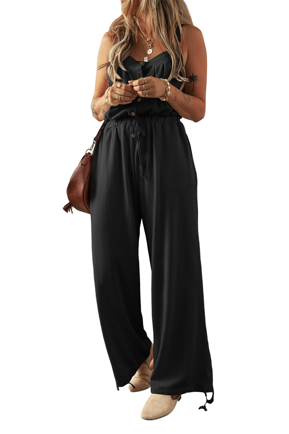 Black Knotted Straps Button Textured Drawstring Jumpsuit-ECB