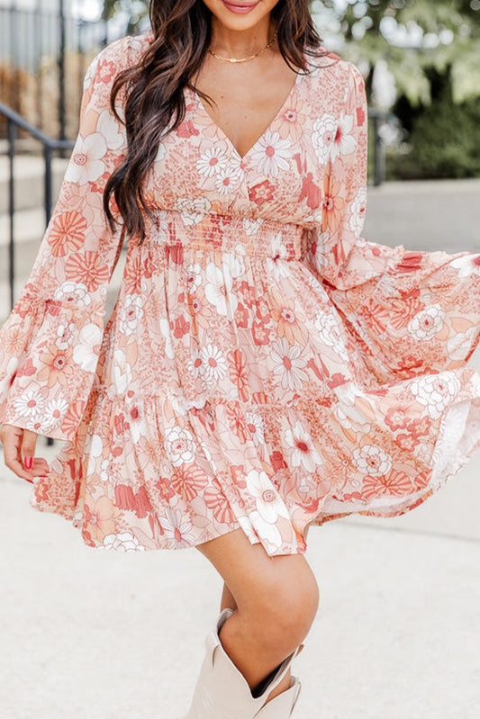 Peach Floral Smocked Mini Dress with Sleeves