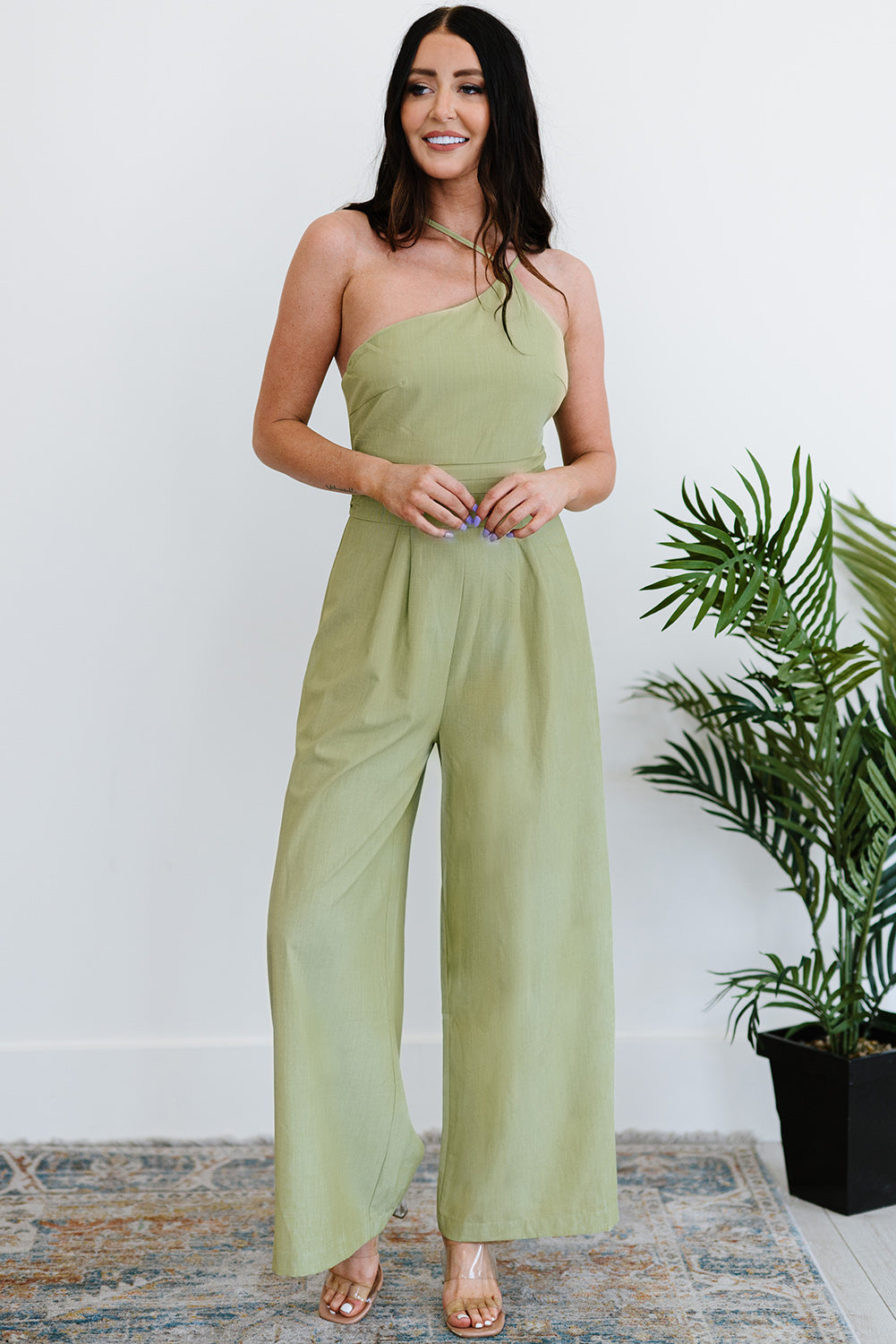 Wholesale Green Casual Asymmetric Thin Straps Wide Leg Jumpsuit