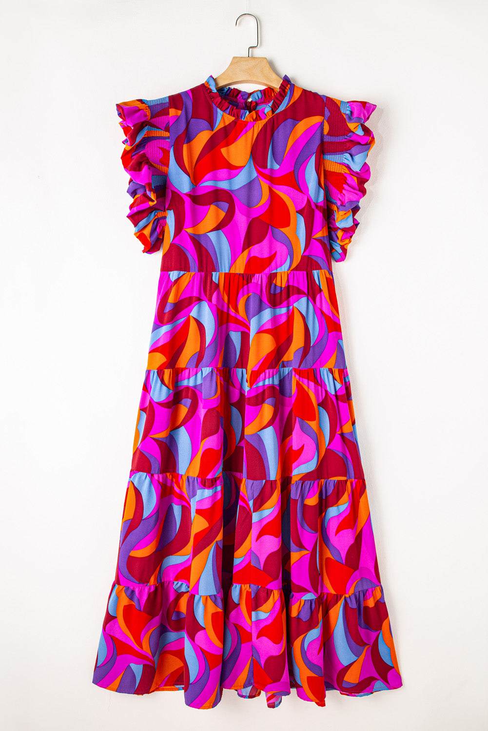 Multicolor Plus Abstract Mock Neck Tiered Maxi Dress