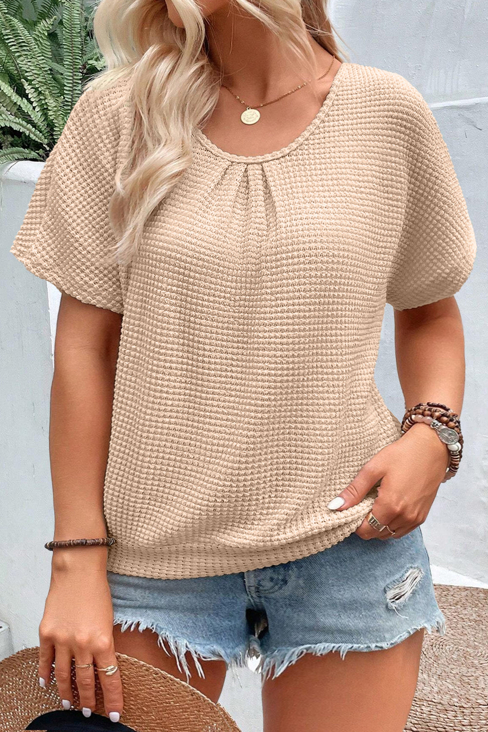 Beige Hollowed Lace Applique Plus Size Waffle T Shirt-ECB