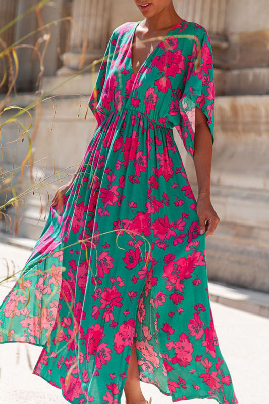 Floral Green Maxi Dress with Sleeves, V-neck Maxi Dress with Slit