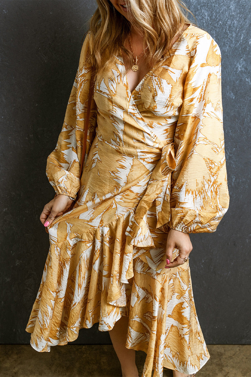 Yellow Boho Wrap Dress with Long Sleeves