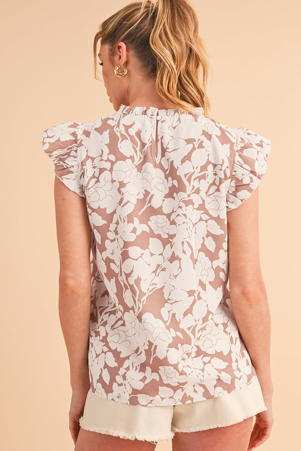 Women's Khaki Floral Blouse with Ruffled Short Sleeves