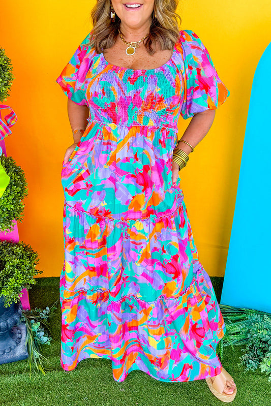 Multicolor Plus Size Smocked Maxi Dress