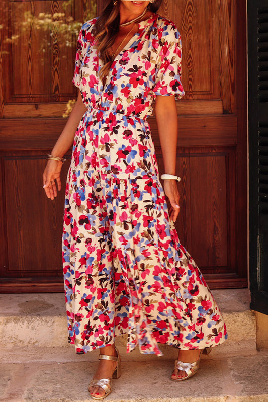Floral Maxi Dress with Short Sleeves | Floral Maxi Dress with Slit