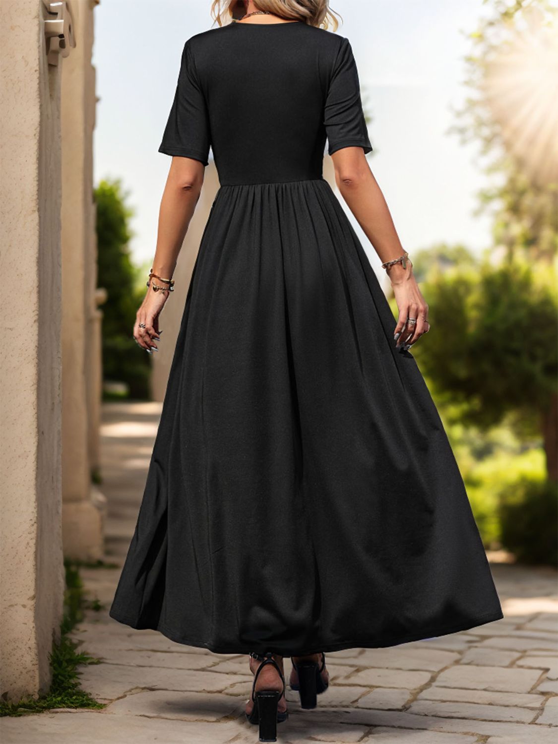 Long Black Maxi Dress with Sleeves | V Neck with Lace Detail Dress | Long Black Dress with Side Slit