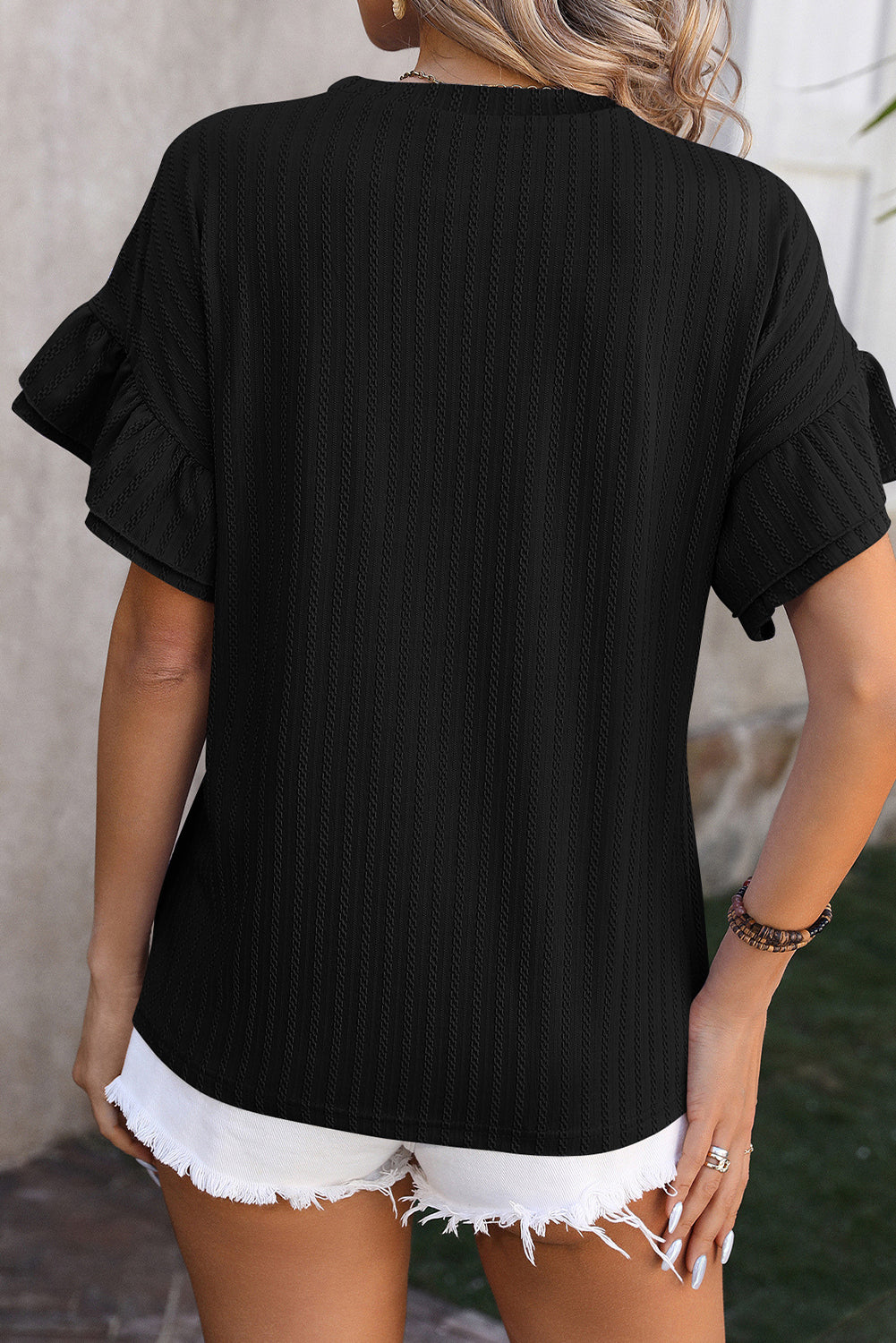 Black Solid Color Textured Layered Ruffle Sleeve T Shirt-ECB