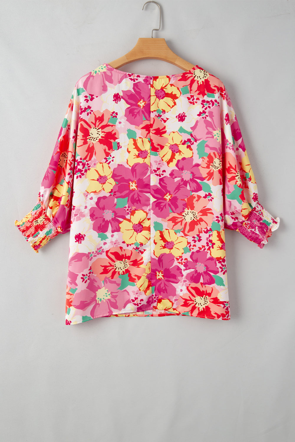 Pink Shirred Cuffs 3/4 Sleeve Boho Floral Blouse