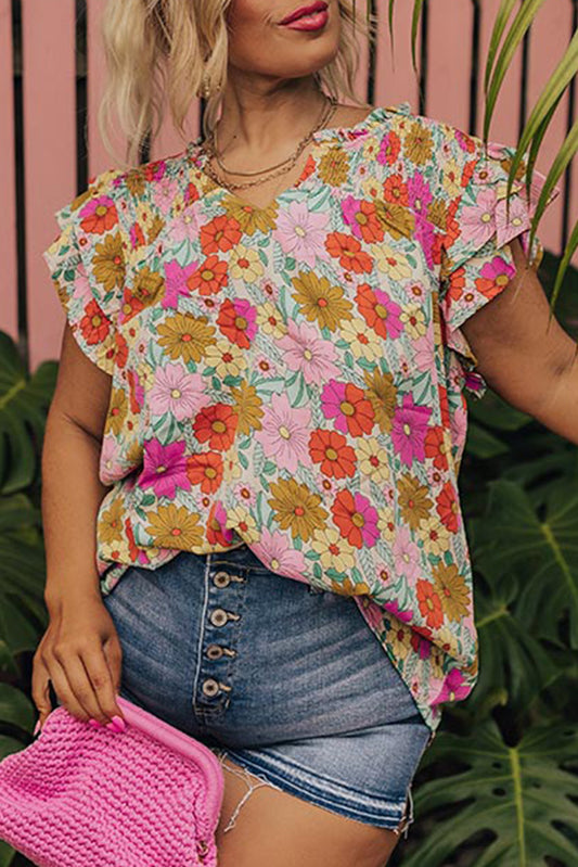 Women's Plus Size Blouse with Floral Print and Ruffled Sleeves