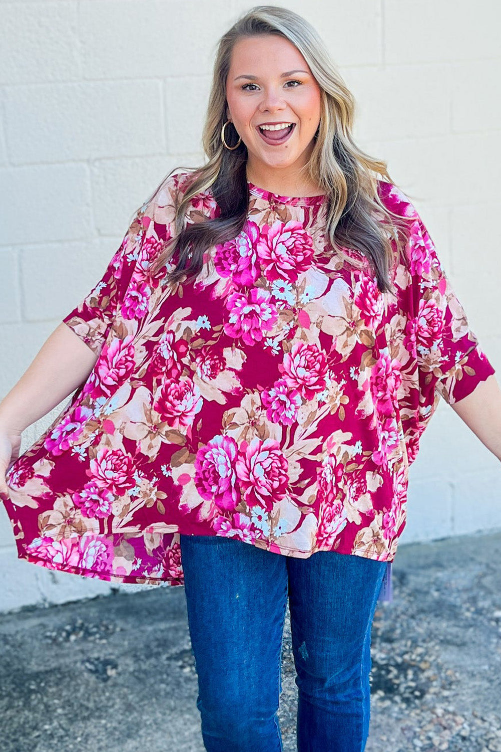 Red Plus Size Floral Print Half Sleeve Blouse