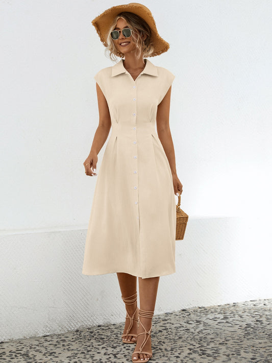 Button Up Collared Midi Dress, Vintage Collared Dress with Tied Waist 