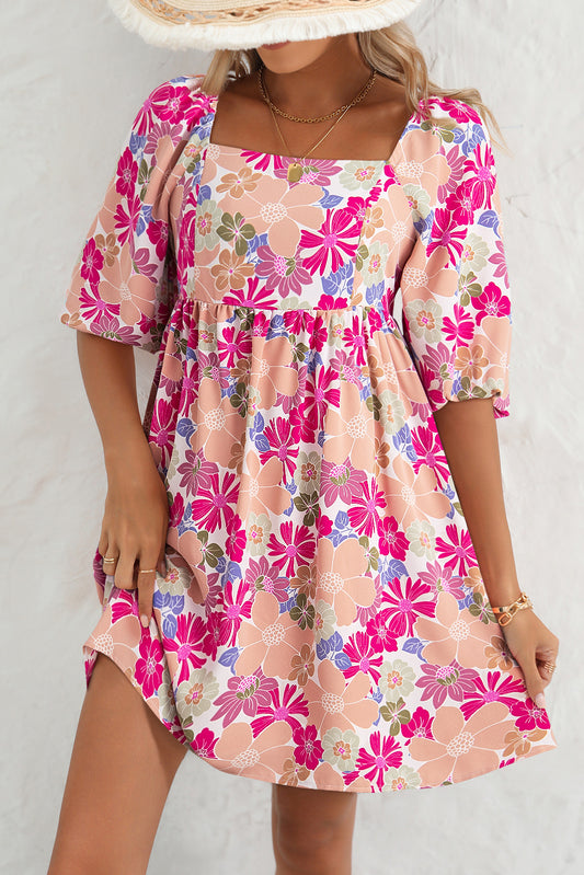 Summer Rose Floral Mini Dress with Sleeves