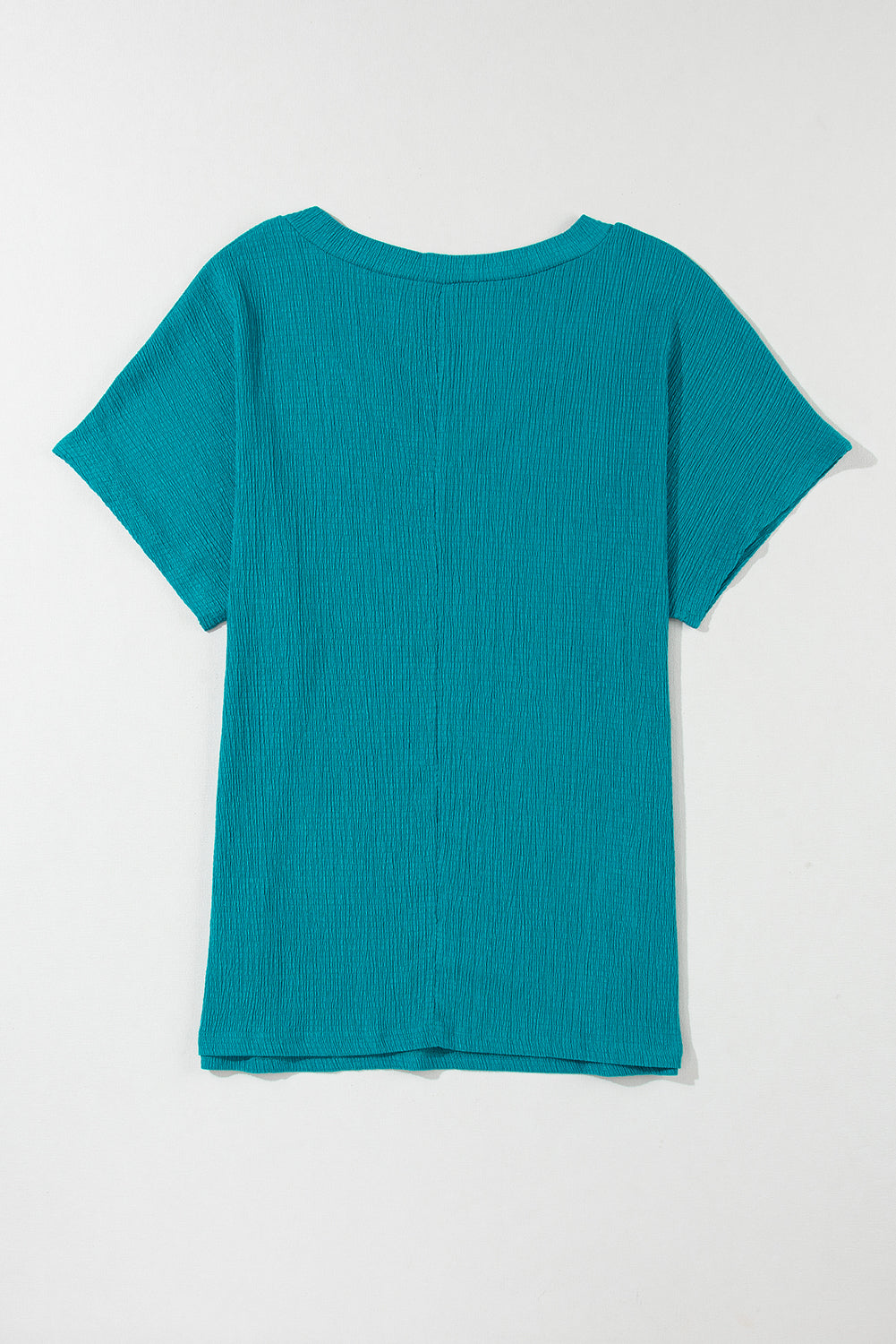 Blue Plain Crinkled V Neck Flounce Sleeve T Shirt-ECB