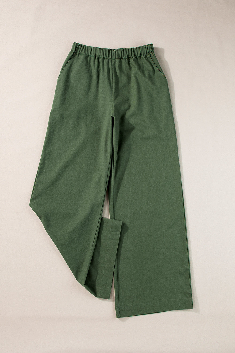 Fern Green Elastic Waist Plain Wide Leg Pants-ECB