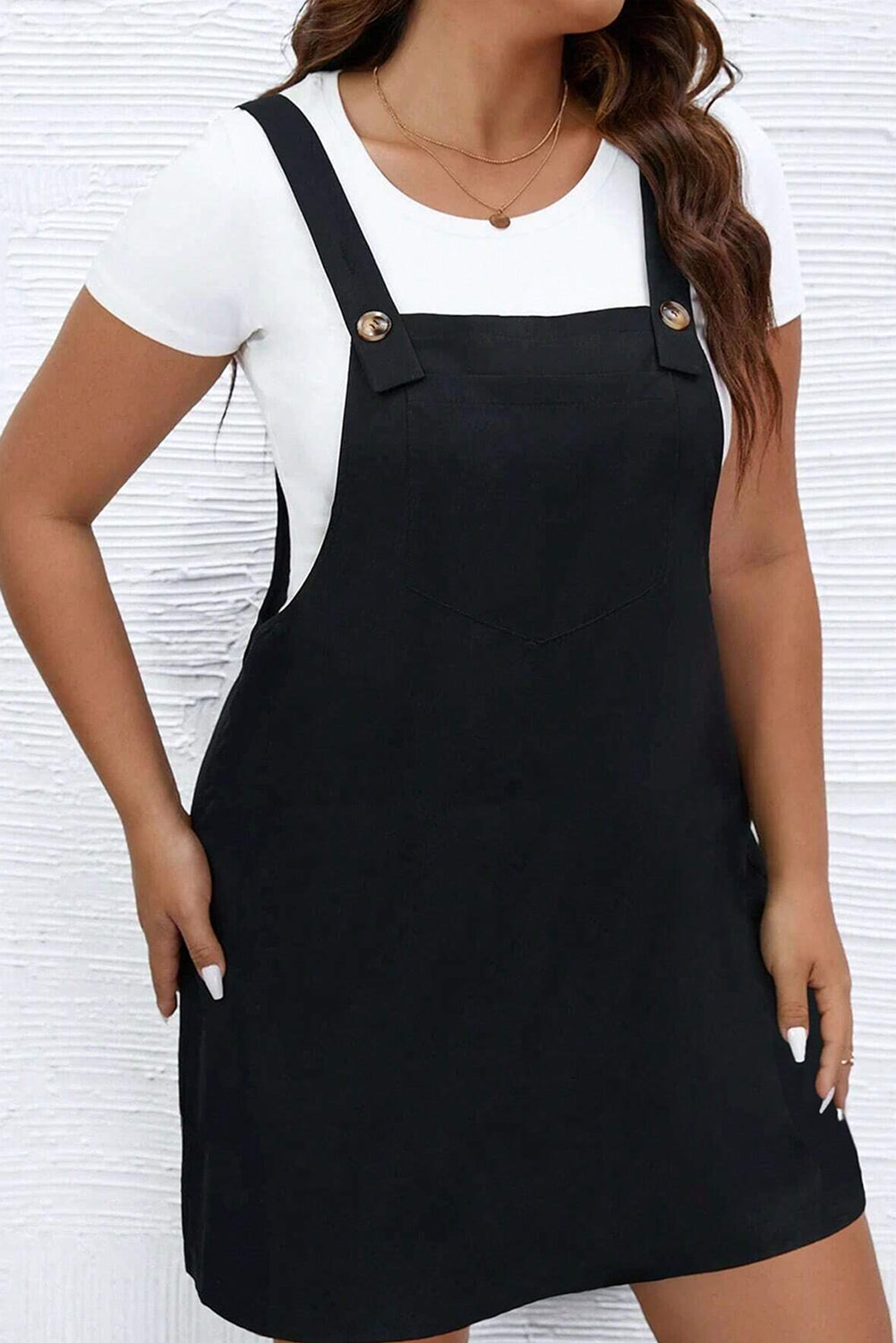 Black Solid Buttoned Straps Plus Size Overall Dress-ECB