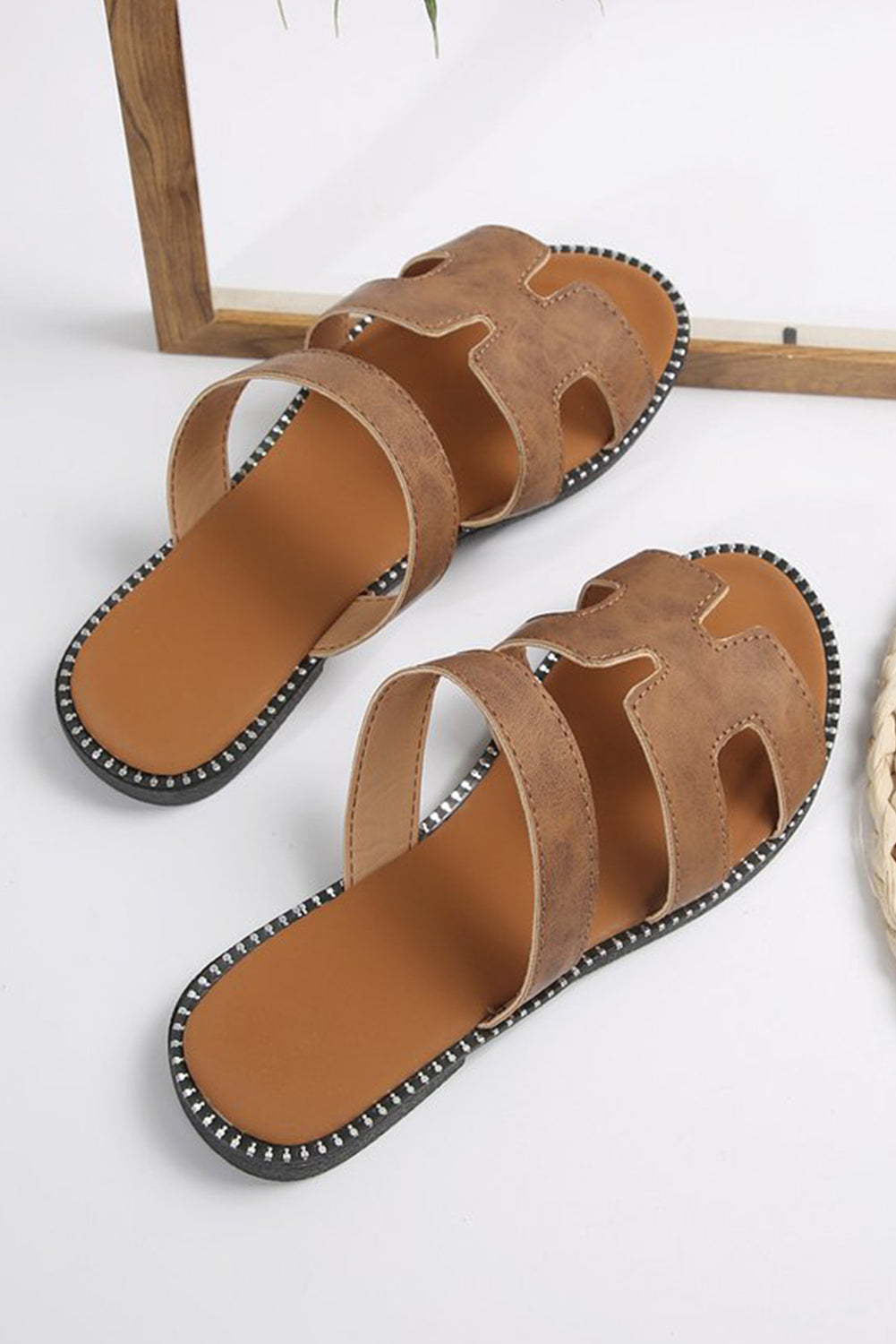 Brown Leather H Band Flat Slides Shoes-ECB