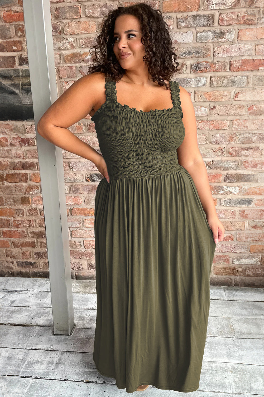 Jungle Green Smocked Frill Trim Straps Plus Size Maxi Dress