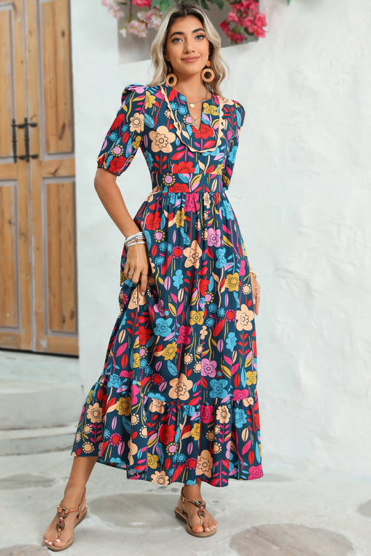 Retro Floral Maxi Dress | Long Vintage Dress with Sleeves