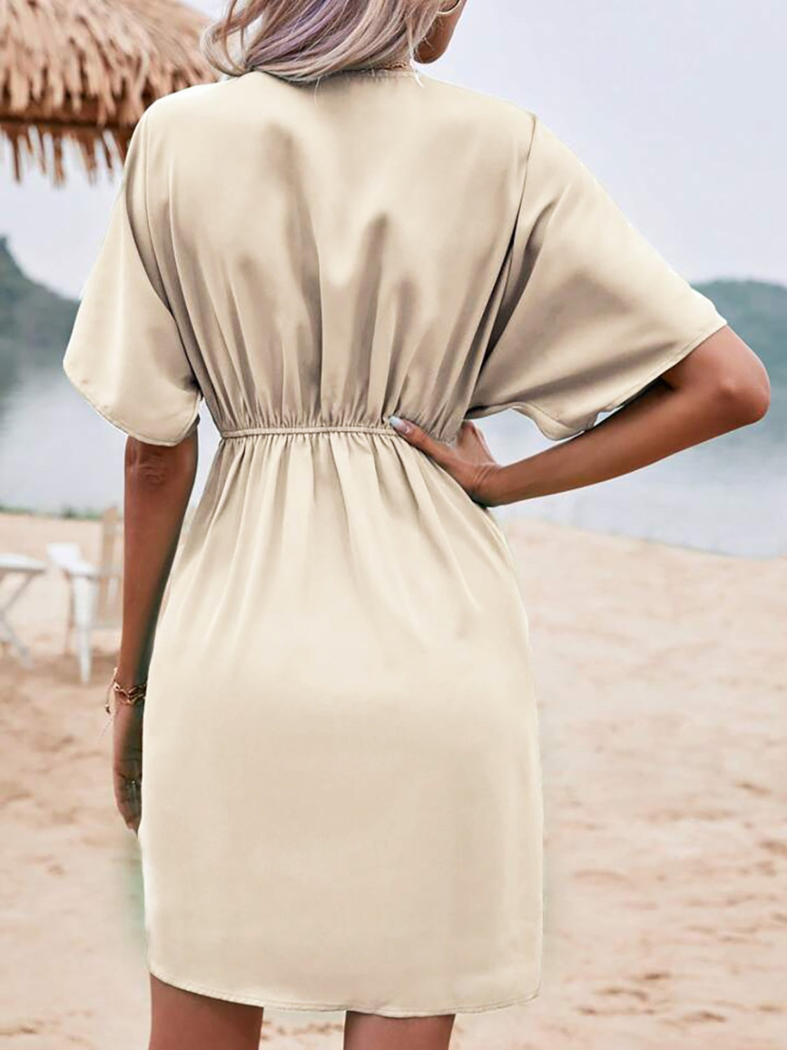 Plunge Neck Mini Dress | Plunging Neckline Short Dress with Sleeves.