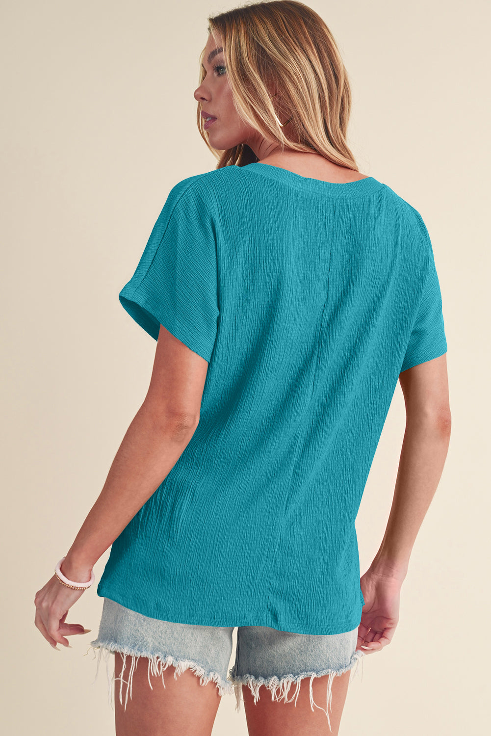 Blue Plain Crinkled V Neck Flounce Sleeve T Shirt-ECB