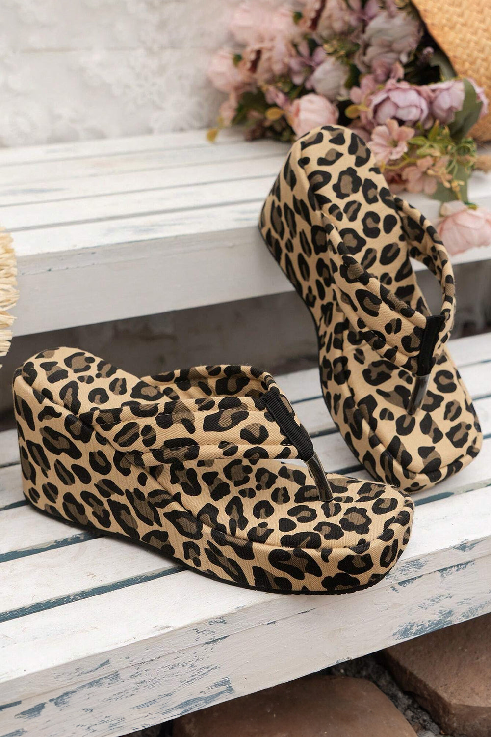 Light French Beige Leopard Platform Wedge Slides Shoes