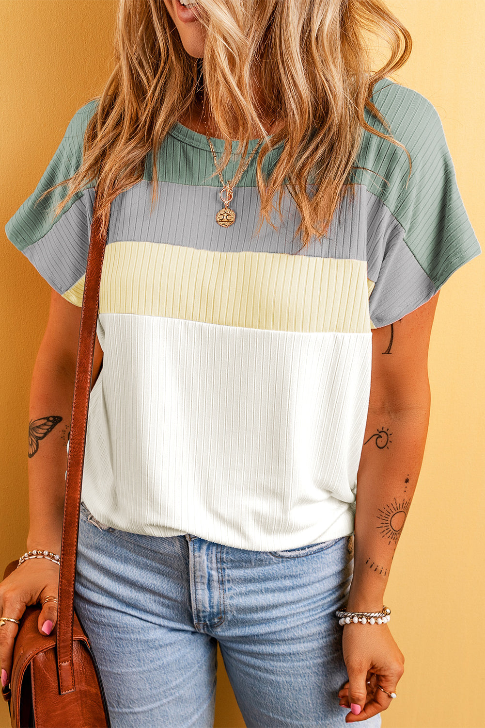 White Ribbed Color Block Patchwork T shirt