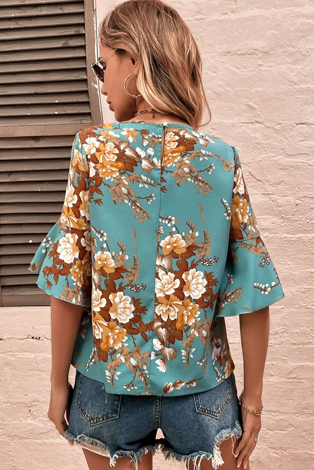 Mineral Blue Floral Blouse with Flounce Sleeves